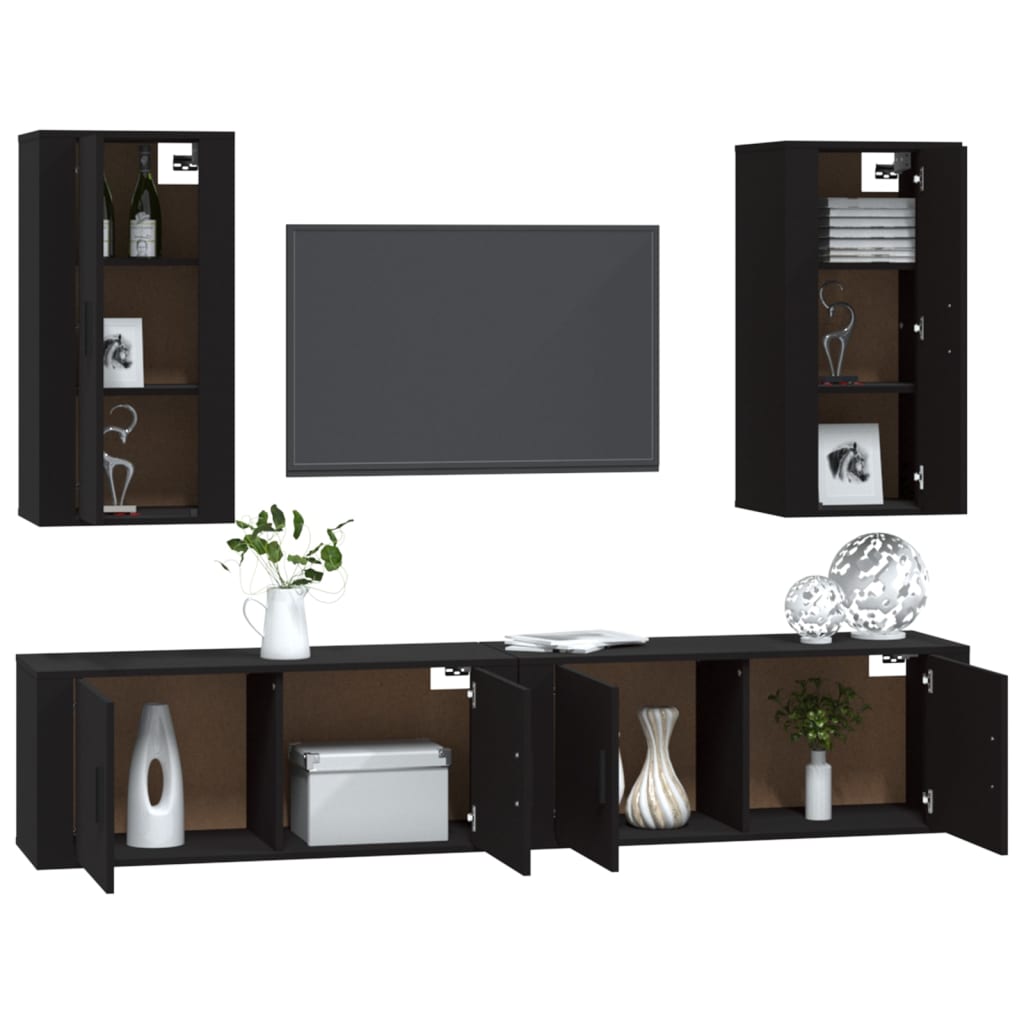 4 Piece TV Cabinet Set Black Engineered Wood