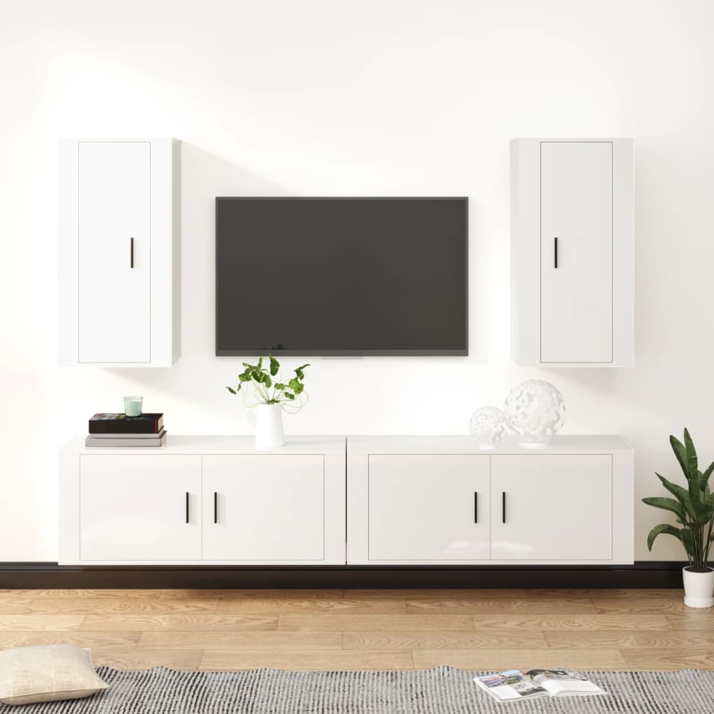 4 Piece TV Cabinet Set High Gloss White Engineered Wood