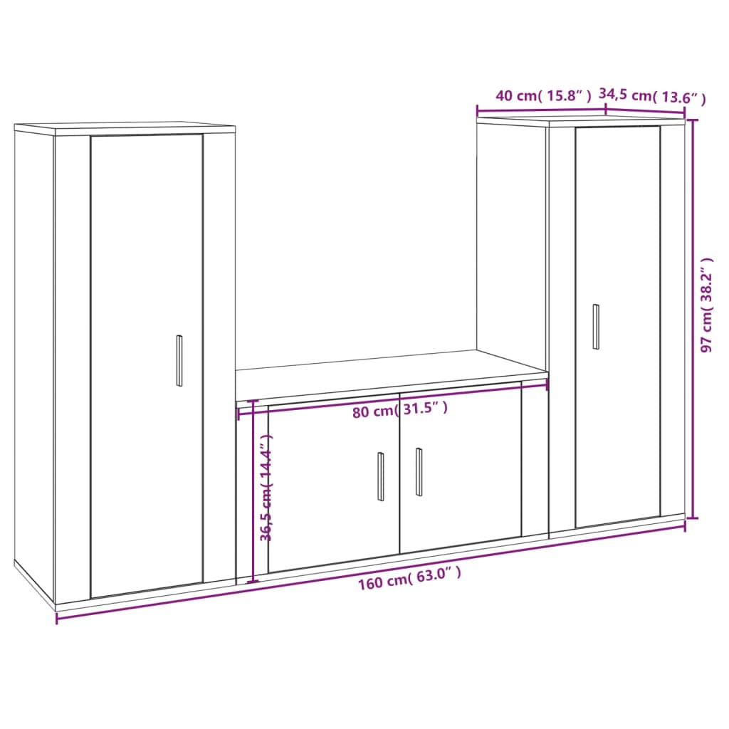3 Piece TV Cabinet Set Black Engineered Wood