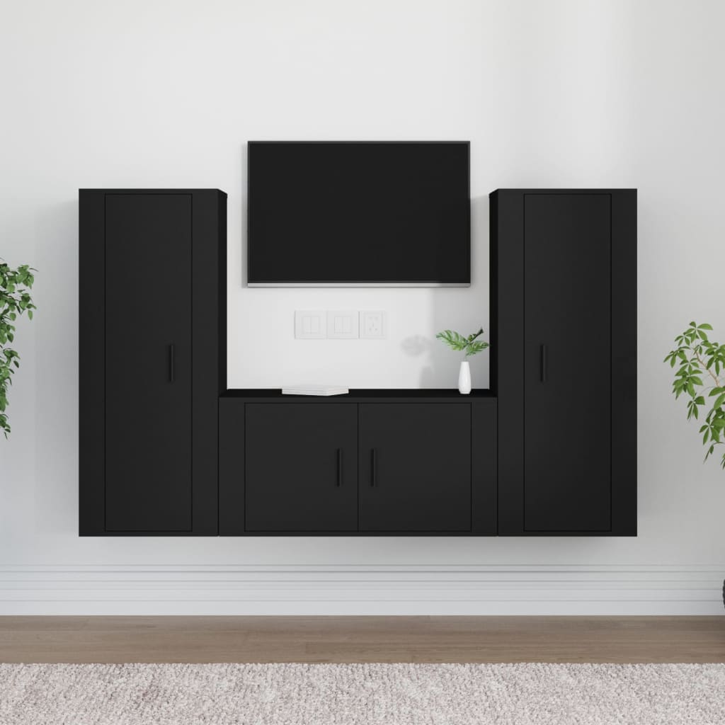 3 Piece TV Cabinet Set Black Engineered Wood