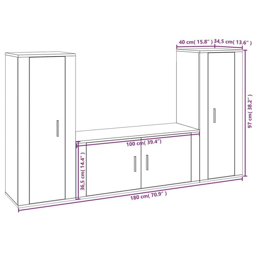 3 Piece TV Cabinet Set High Gloss White Engineered Wood
