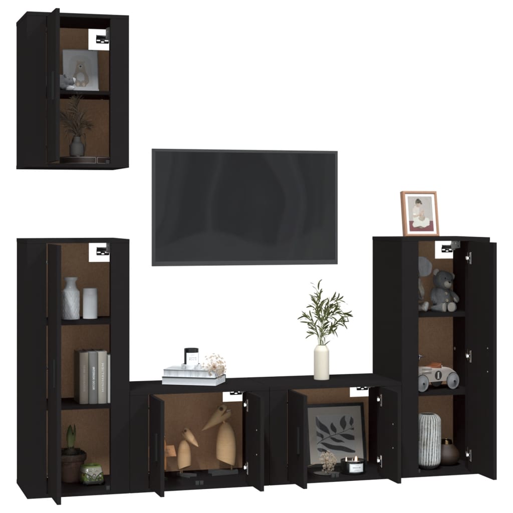 5 Piece TV Cabinet Set Black Engineered Wood