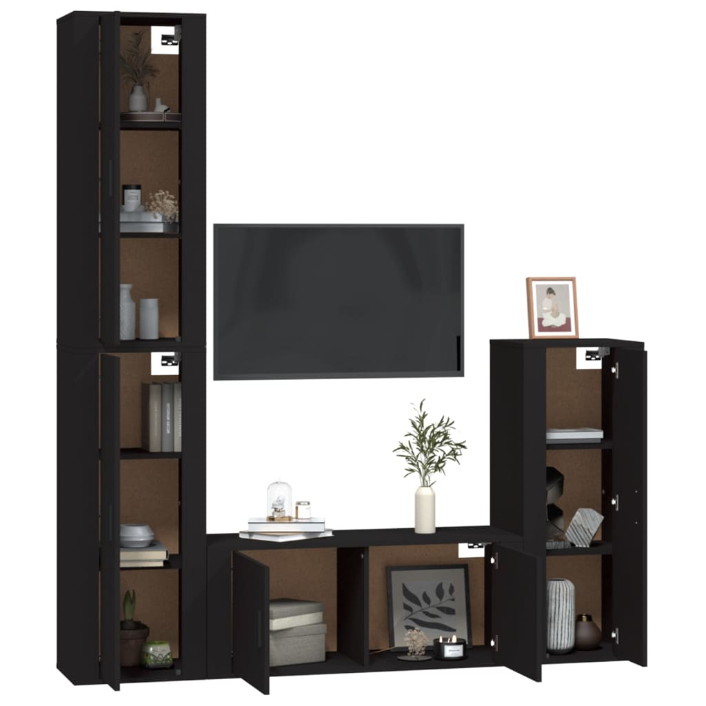 4 Piece TV Cabinet Set Black Engineered Wood