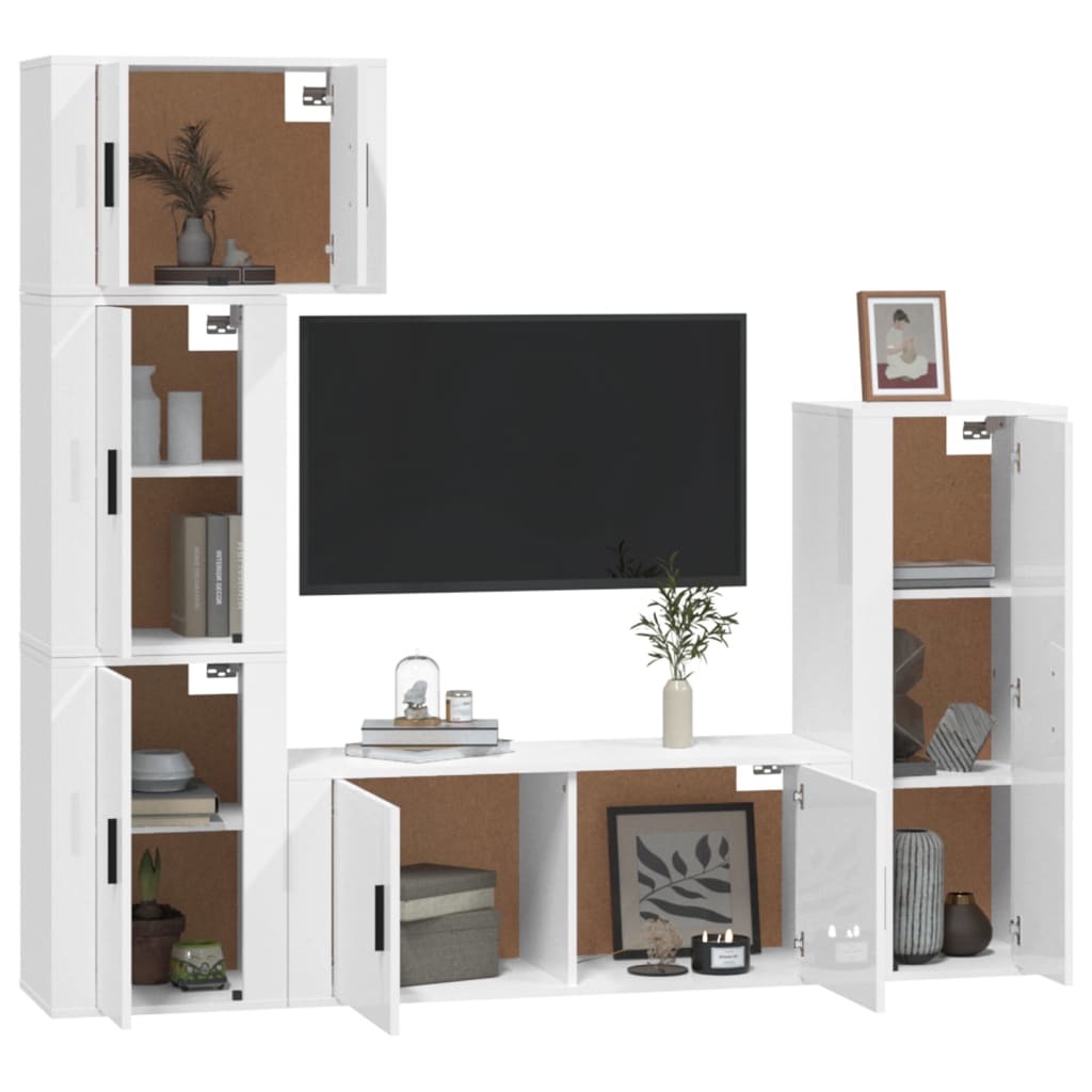 5 Piece TV Cabinet Set High Gloss White Engineered Wood