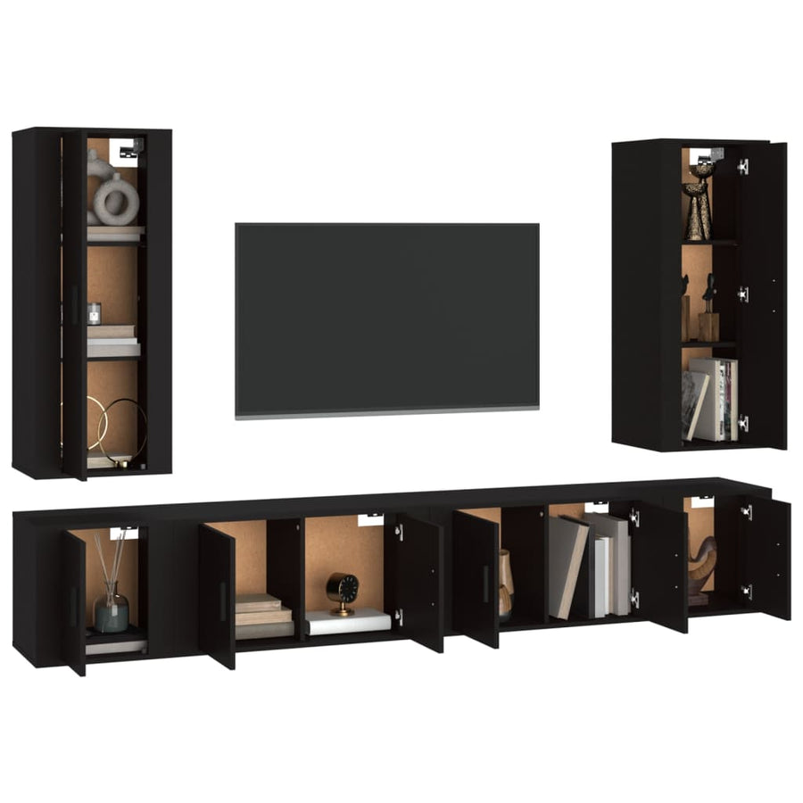 6 Piece TV Cabinet Set Black Engineered Wood