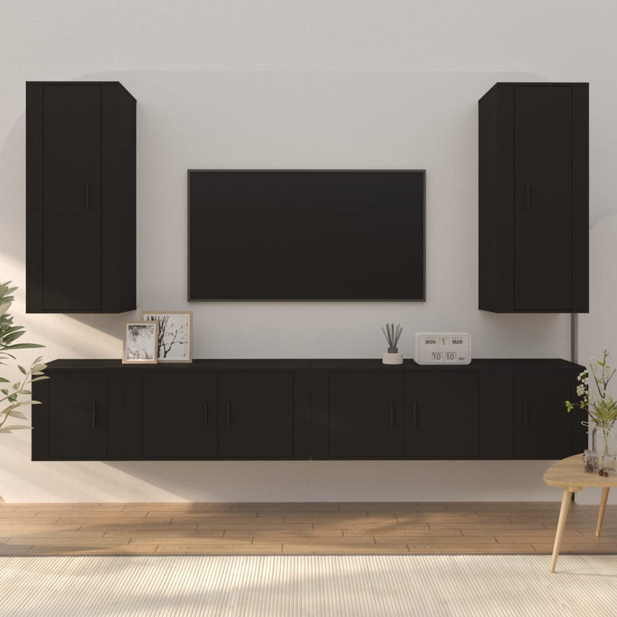 6 Piece TV Cabinet Set Black Engineered Wood