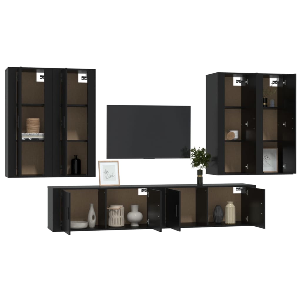 6 Piece TV Cabinet Set Black Engineered Wood