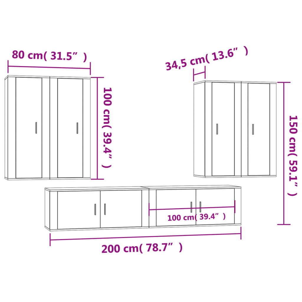 6 Piece TV Cabinet Set Black Engineered Wood