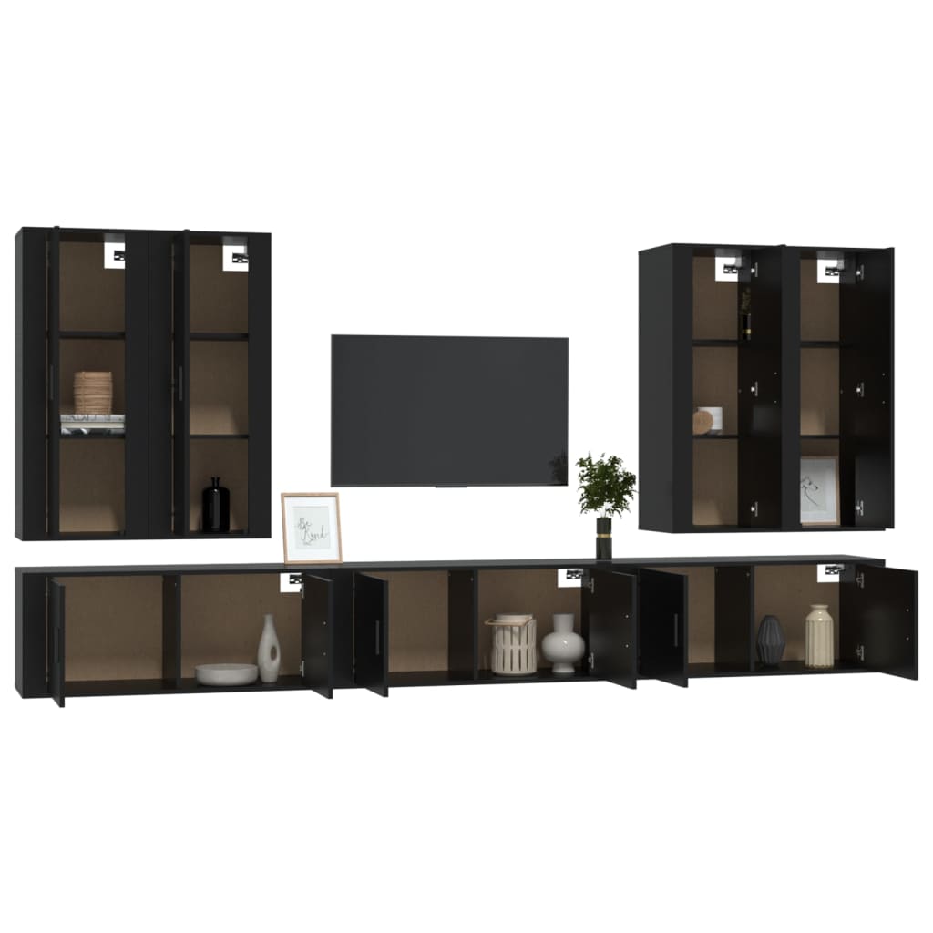7 Piece TV Cabinet Set Black Engineered Wood
