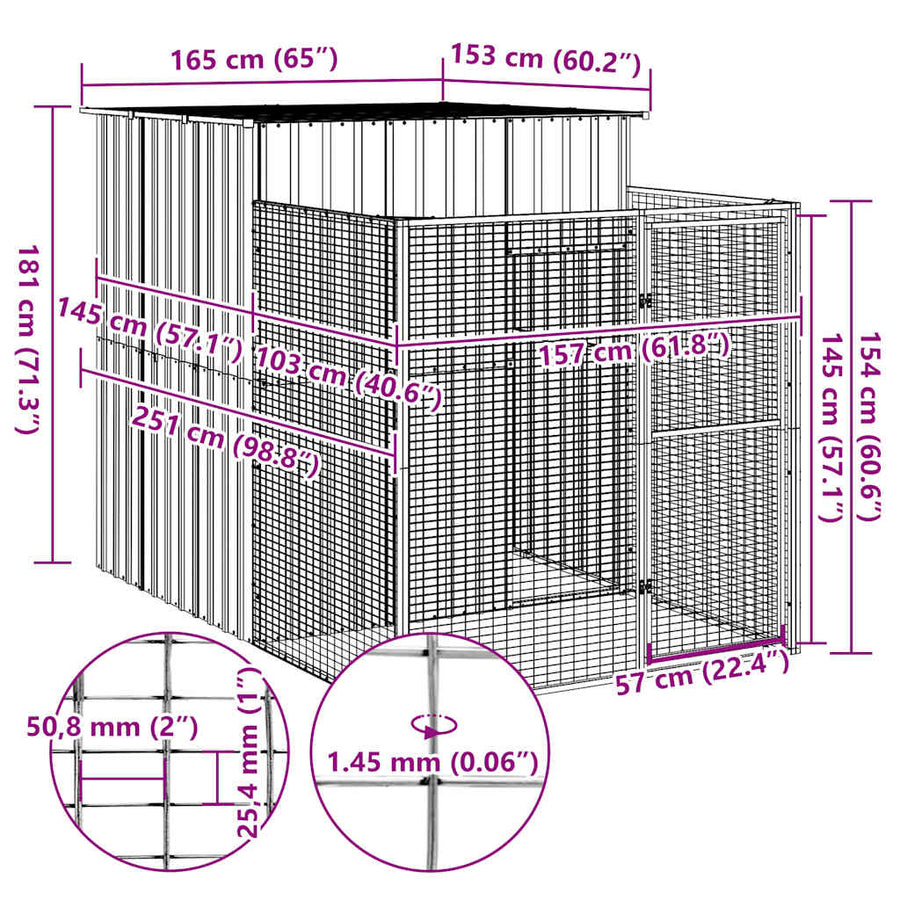 Dog House with Run Light Grey 165x251x181 cm Galvanised Steel