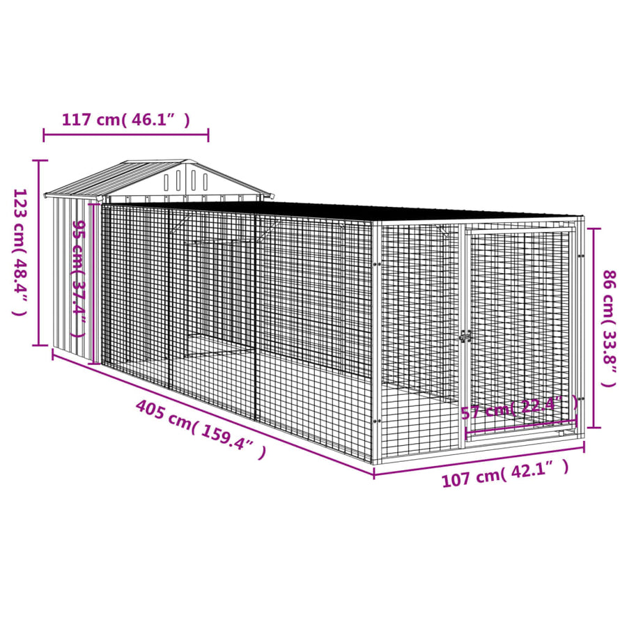 Chicken Cage with Run Light Grey 117x405x123cm Galvanised Steel