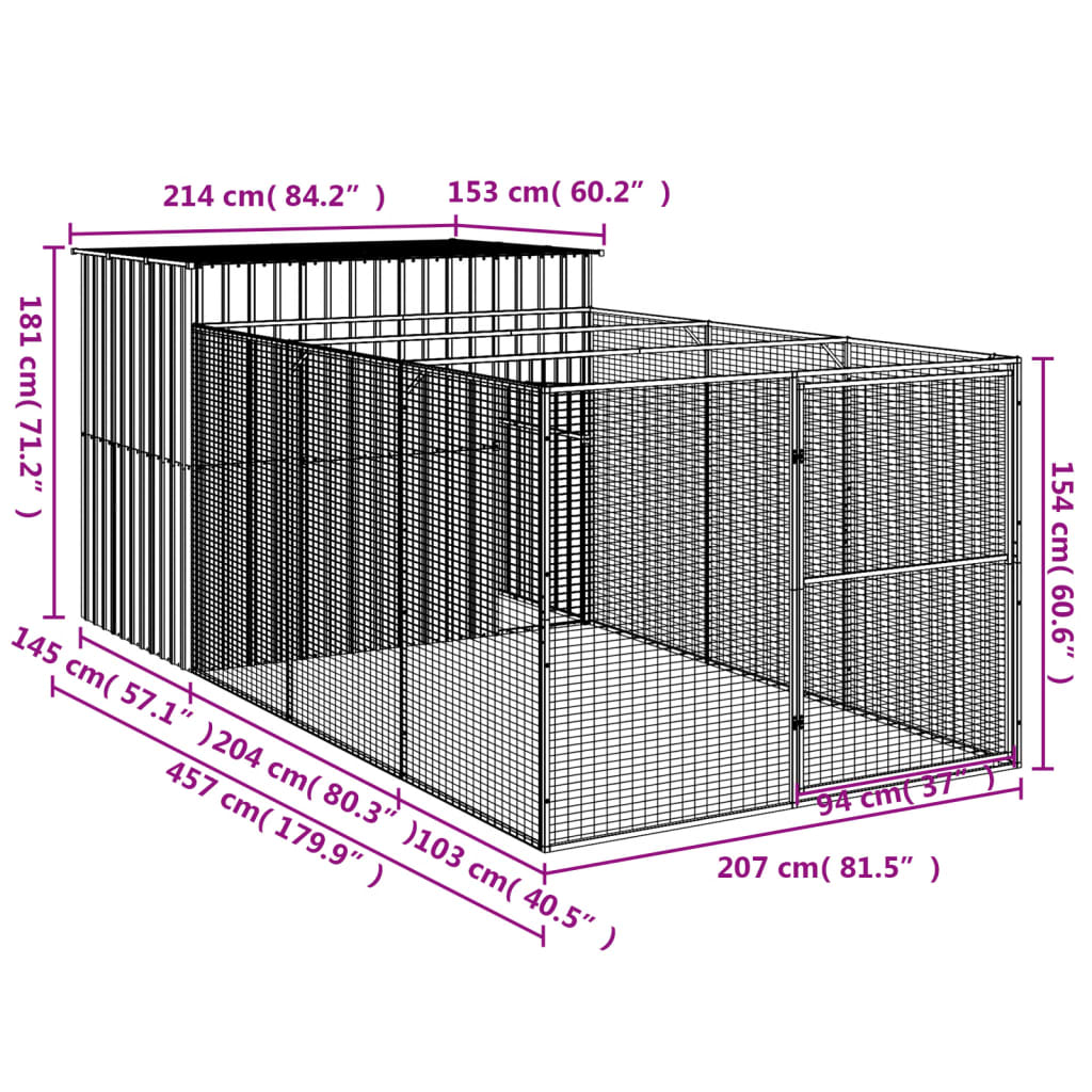 Dog House with Run Anthracite 214x457x181 cm Galvanised Steel
