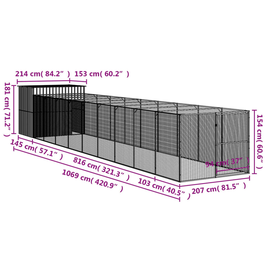 Dog House with Run Anthracite 214x1069x181 cm Galvanised Steel
