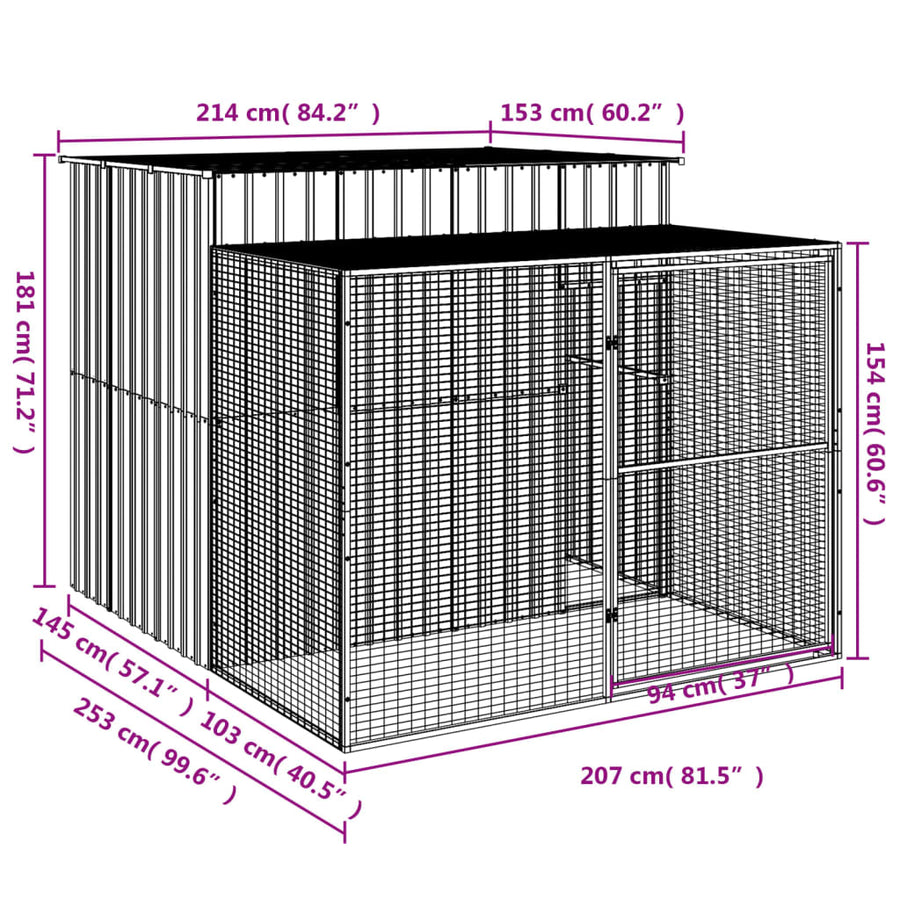 Dog House with Run Anthracite 214x253x181 cm Galvanised Steel