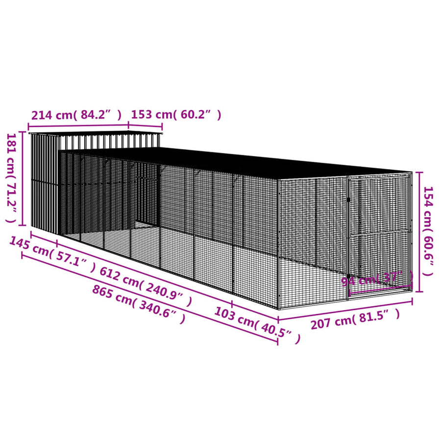 Dog House with Run Anthracite 214x865x181 cm Galvanised Steel