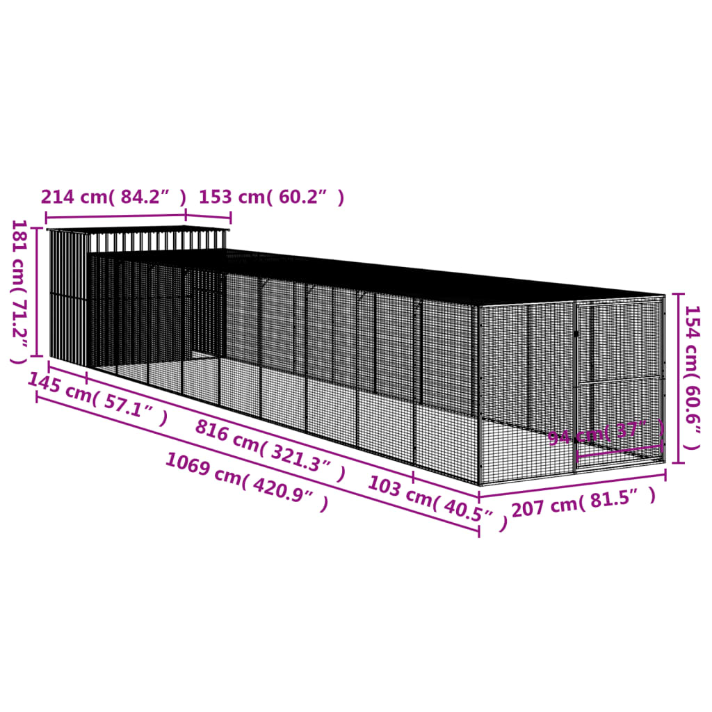 Dog House with Run Anthracite 214x1069x181 cm Galvanised Steel