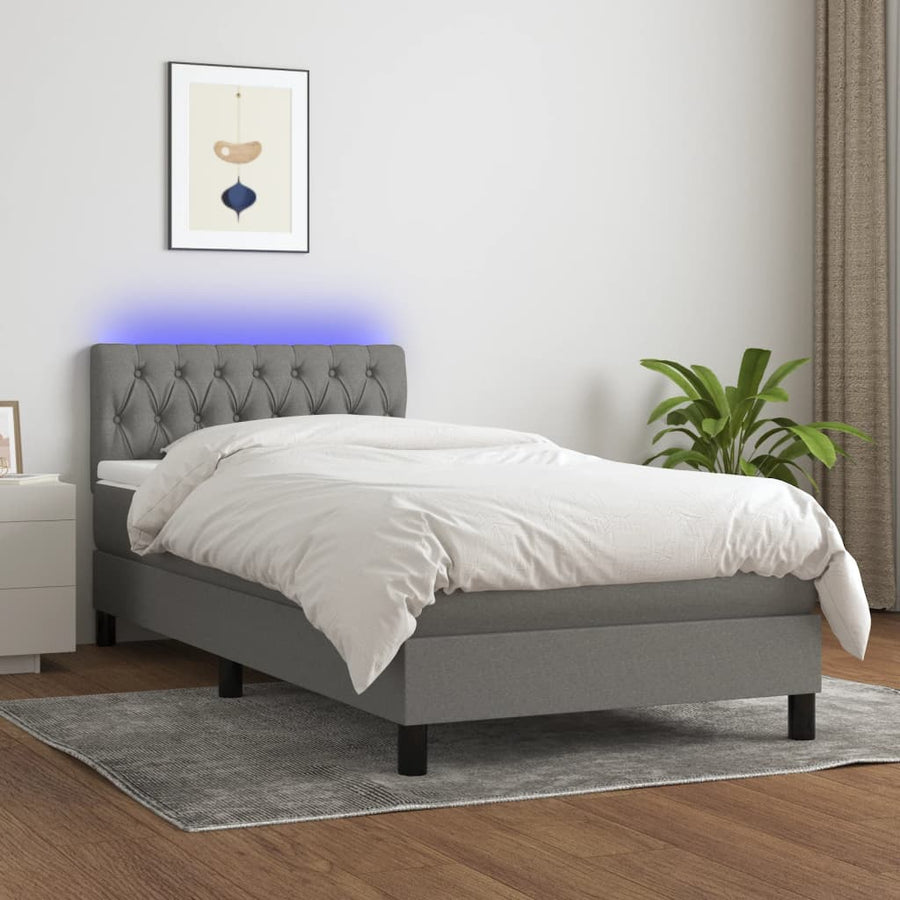 Box Spring Bed with Mattress&LED Dark Grey King Single Size