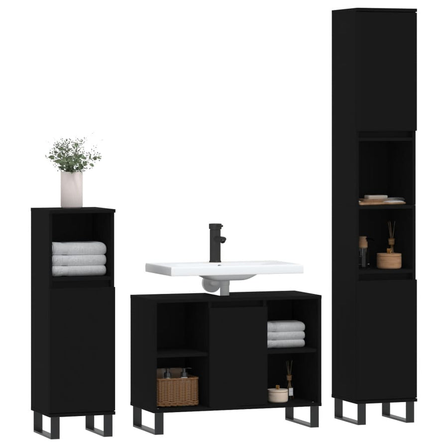 3 Piece Bathroom Furniture Set Black Engineered Wood, image 10