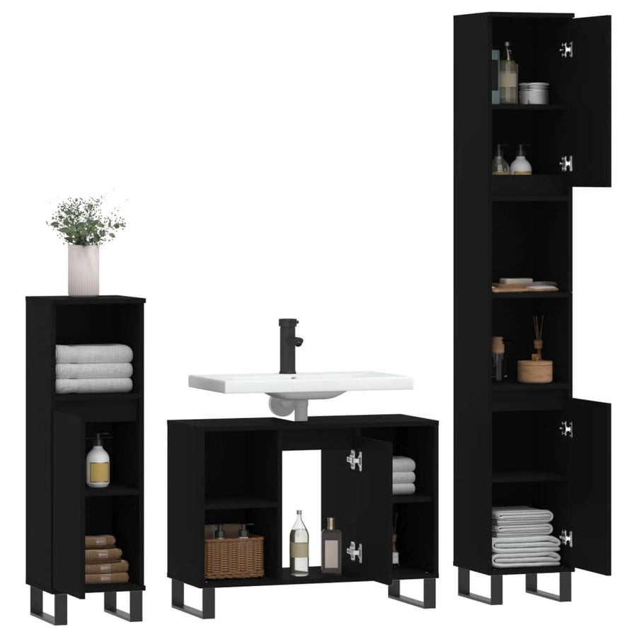 3 Piece Bathroom Furniture Set Black Engineered Wood, image 11