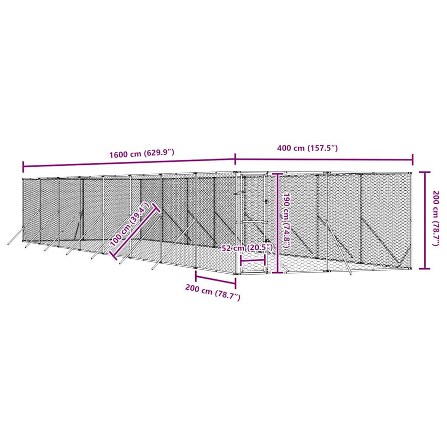 Outdoor Dog Kennel Silver 4x16x2 m Galvanised Steel