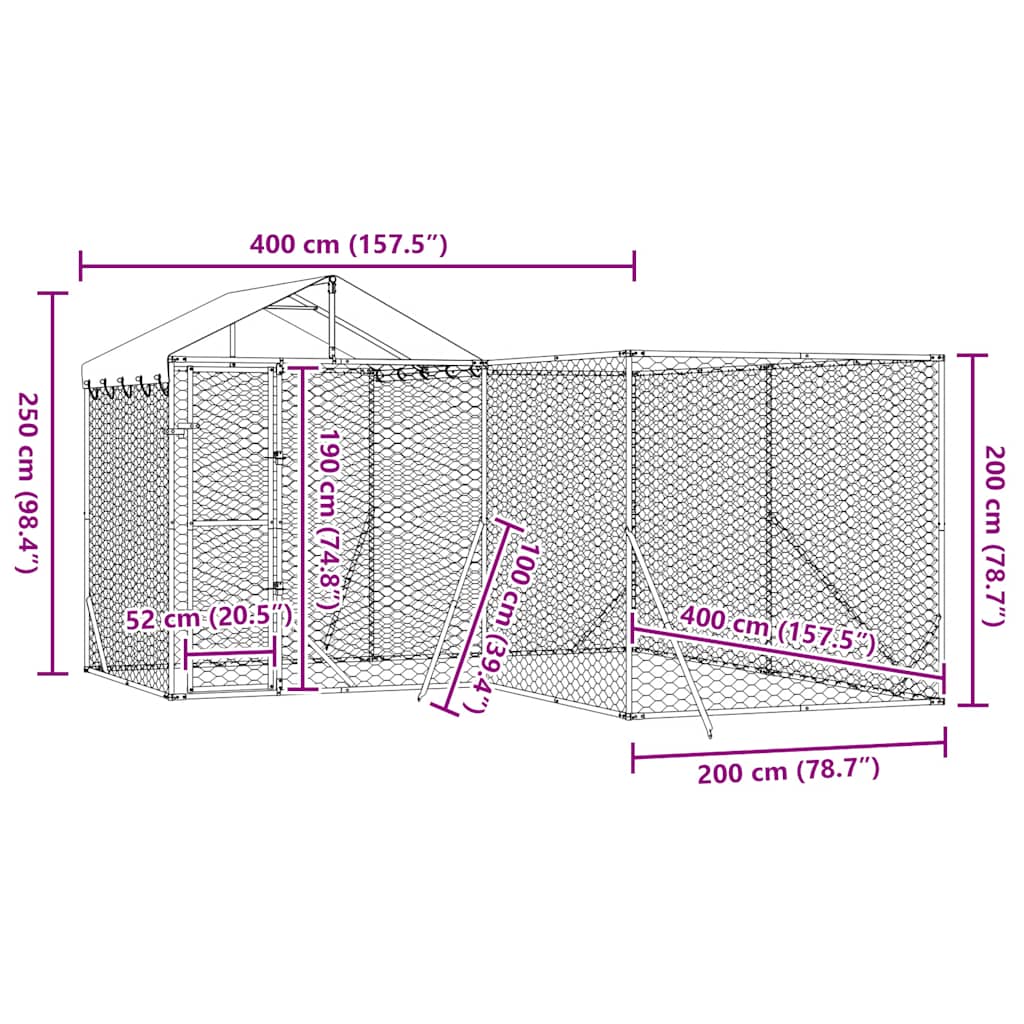 Outdoor Dog Kennel with Roof Silver 4x4x2.5 m Galvanised Steel