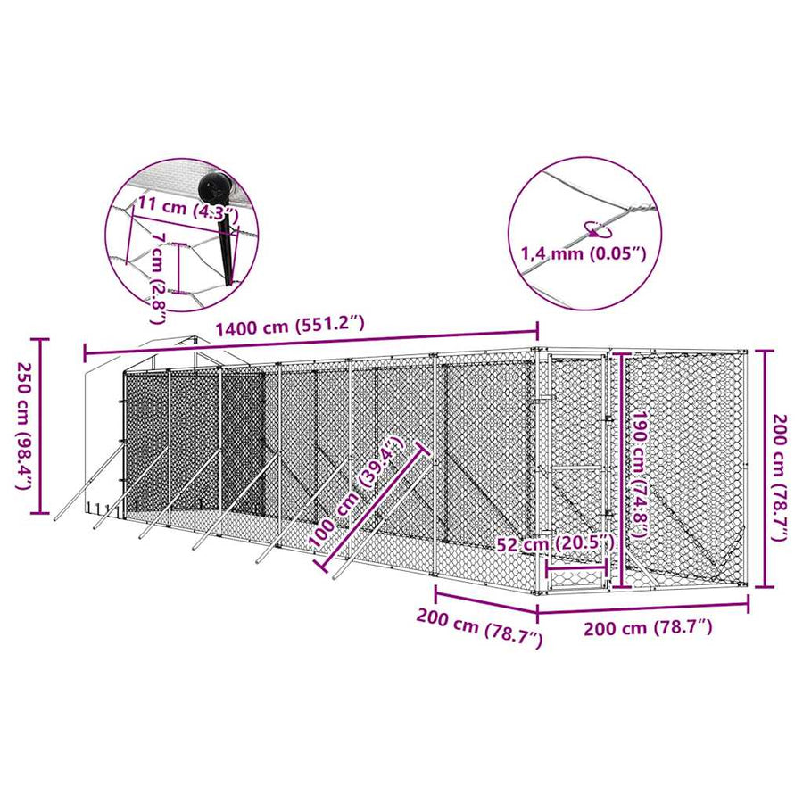 Outdoor Dog Kennel with Roof Silver 2x14x2.5 m Galvanised Steel