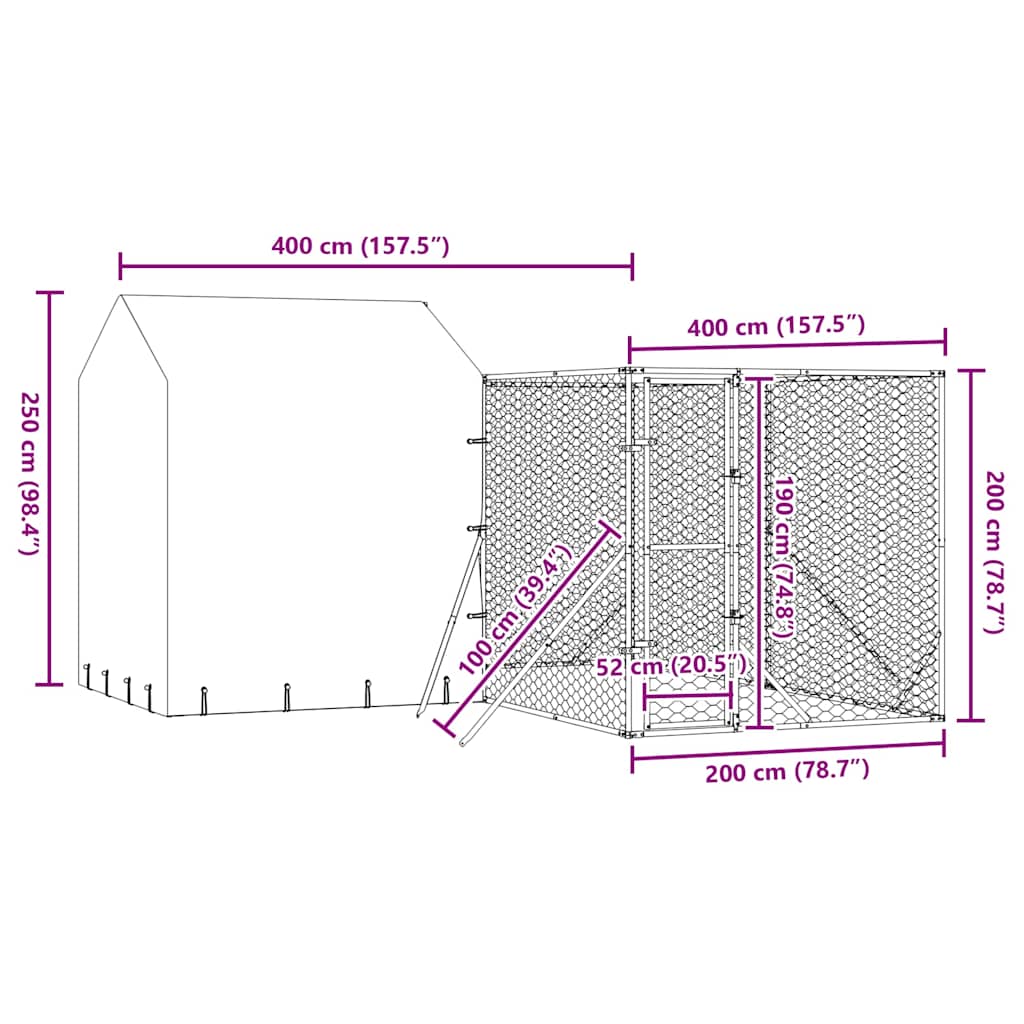 Outdoor Dog Kennel with Roof Silver 4x4x2.5 m Galvanised Steel