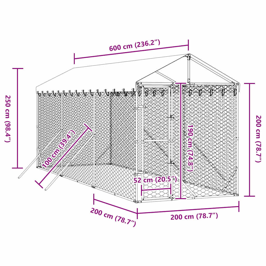 Outdoor Dog Kennel with Roof Silver 2x6x2.5 m Galvanised Steel