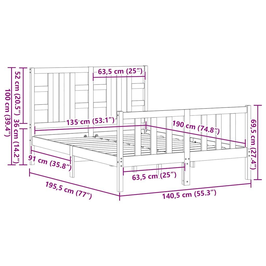 Bed Frame without Mattress Black 135x190 cm Solid Wood Pine