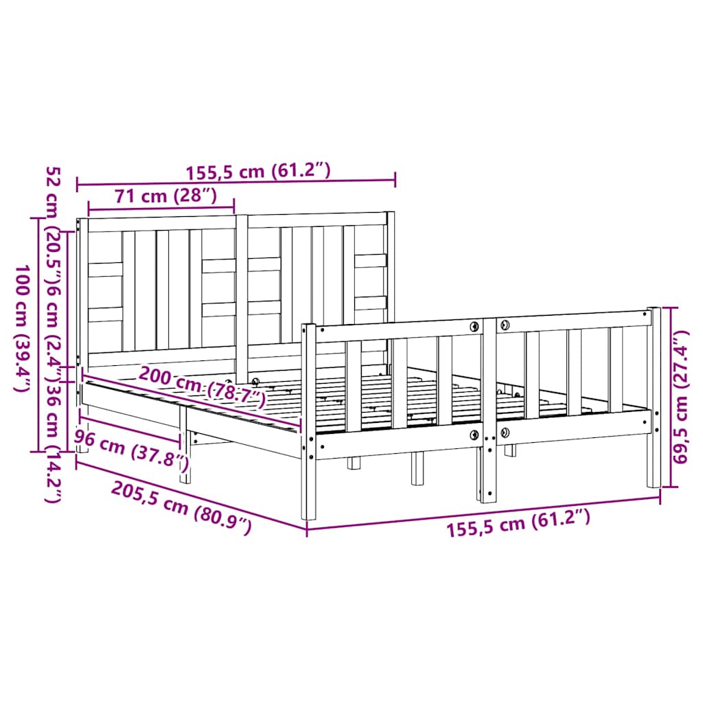 Bed Frame without Mattress Black 150x200 cm Solid Wood Pine
