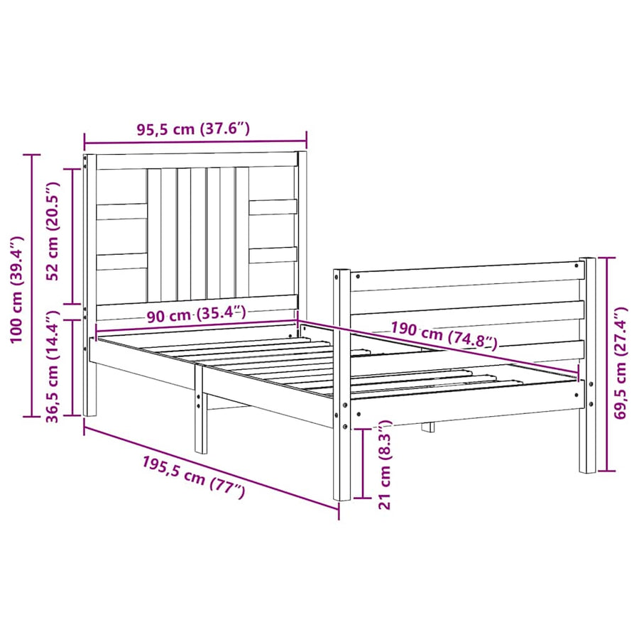 Bed Frame without Mattress Black 90x190 cm Solid Wood Pine
