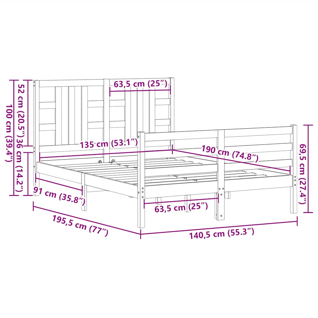 Bed Frame without Mattress Black 135x190 cm Solid Wood Pine
