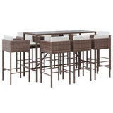 9 Piece Garden Bar Set with Cushions Brown Poly Rattan - Front View