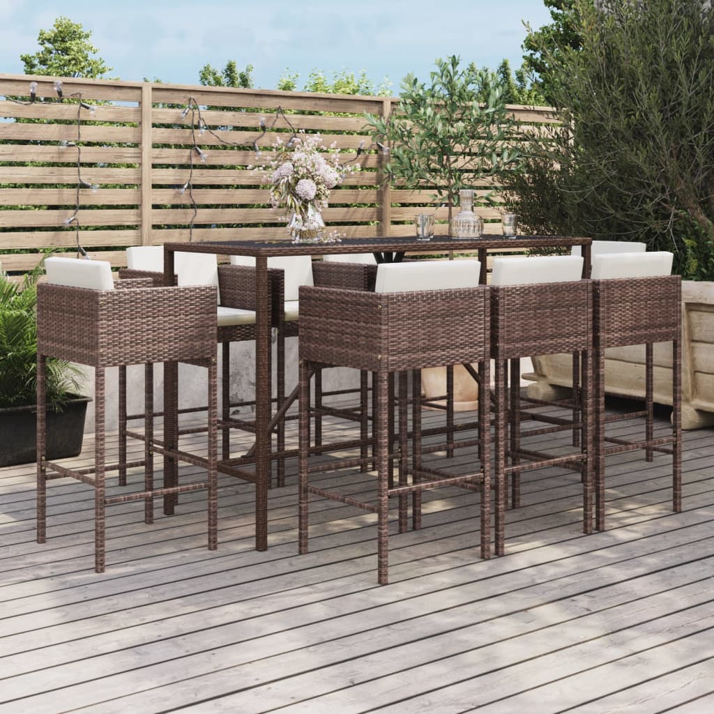 9 Piece Garden Bar Set with Cushions Brown Poly Rattan