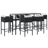 7 Piece Garden Bar Set with Cushions Black Poly Rattan - Front View