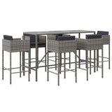 7 Piece Garden Bar Set with Cushions Grey Poly Rattan - Front View