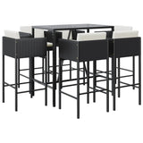 7 Piece Garden Bar Set with Cushions Black Poly Rattan - Front View