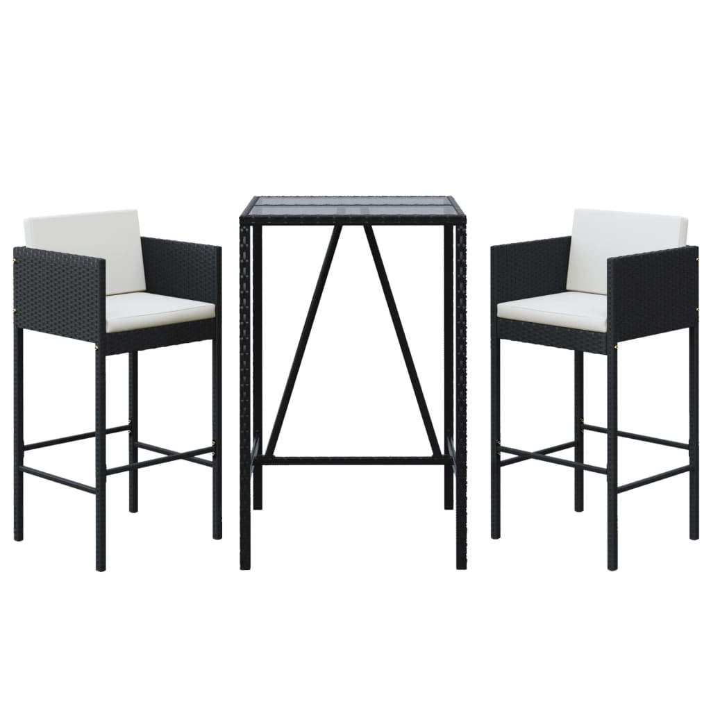 3 Piece Garden Bar Set with Cushions Black Poly Rattan