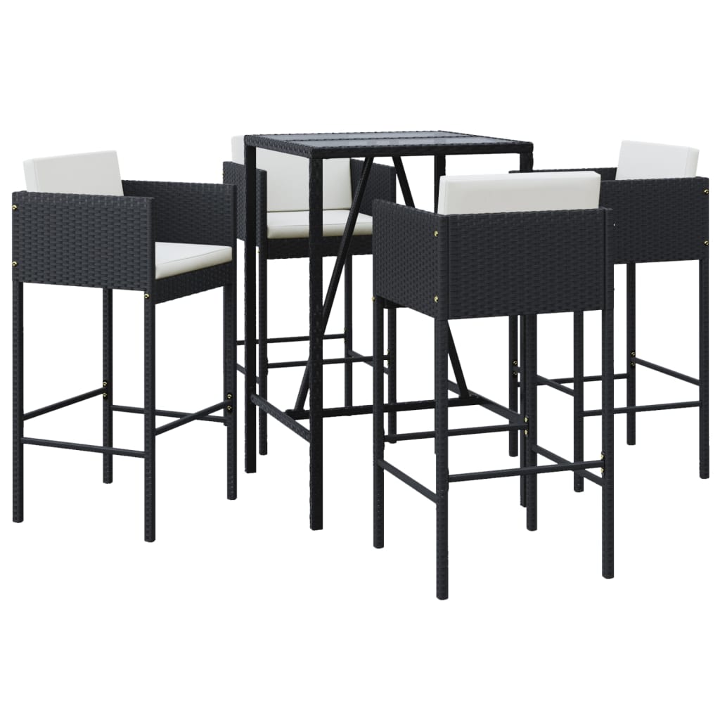 5 Piece Garden Bar Set with Cushions Black Poly Rattan