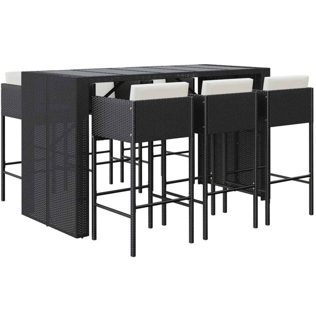 7 Piece Garden Bar Set with Cushions Black Poly Rattan