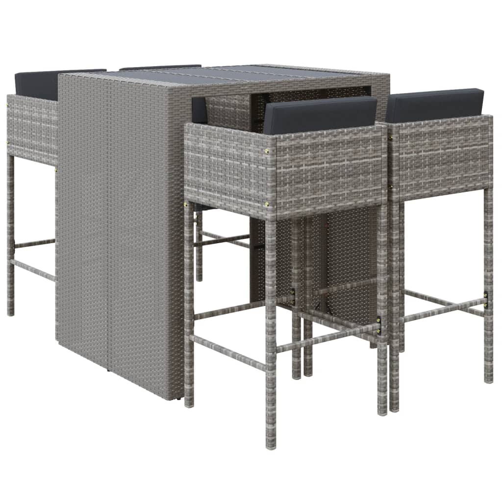 5 Piece Garden Bar Set with Cushions Grey Poly Rattan
