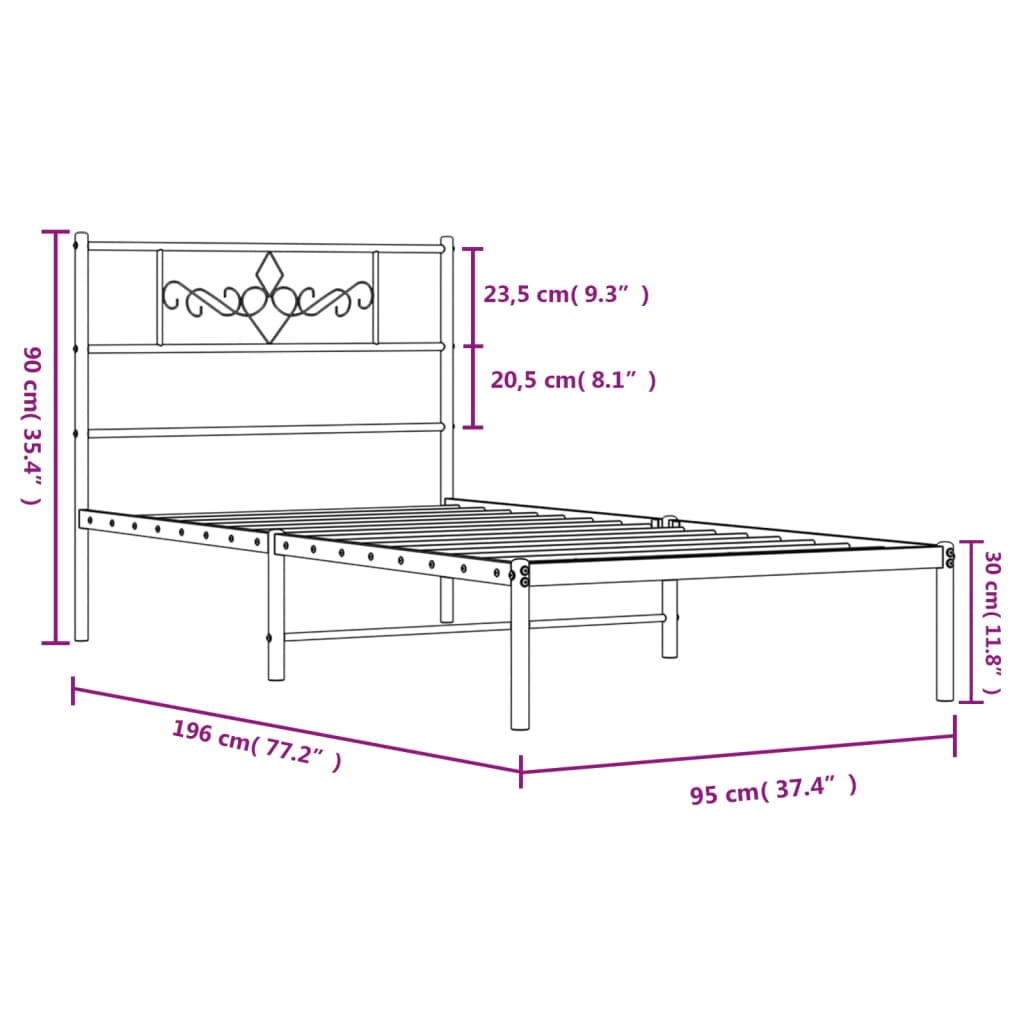 Metal Bed Frame without Mattress with Headboard Black 90x190 cm