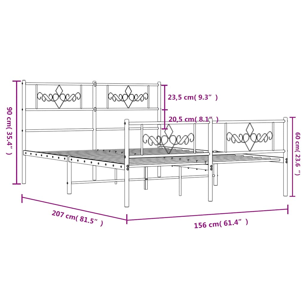 Metal Bed Frame without Mattress with Footboard Black 150x200 cm