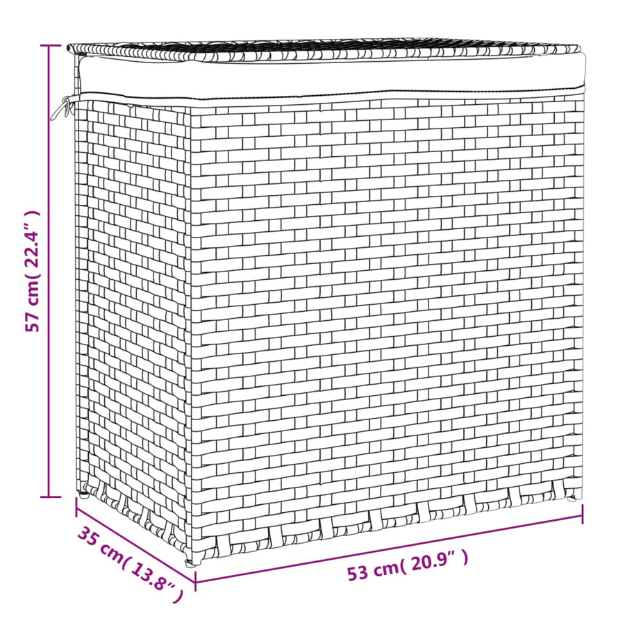 Laundry Basket with 2 Sections Grey 53x35x57 cm Poly Rattan