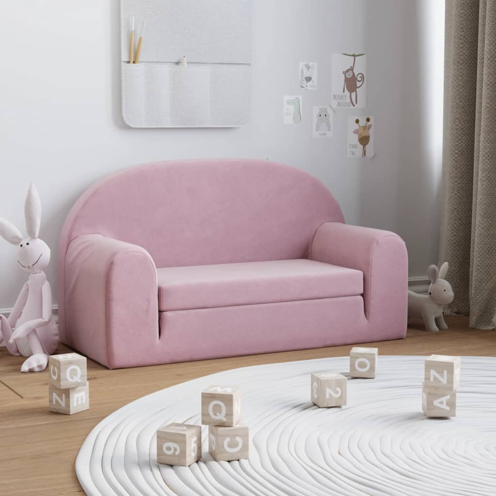Kids' Sofa Bed 2-Seater Pink Soft Plush