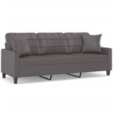 3-Seater Sofa with Throw Pillows Grey 180 cm Faux Leather - Front View