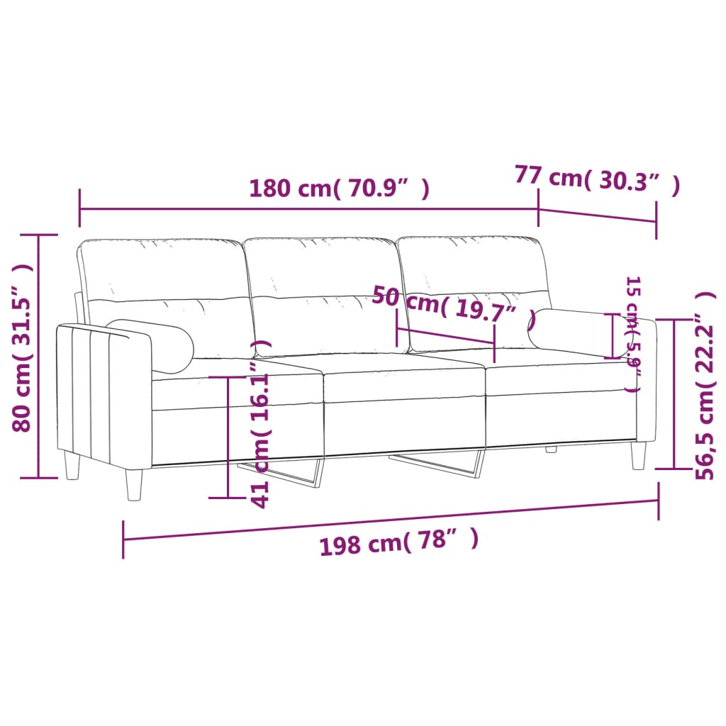3-Seater Sofa with Throw Pillows Black 180 cm Fabric