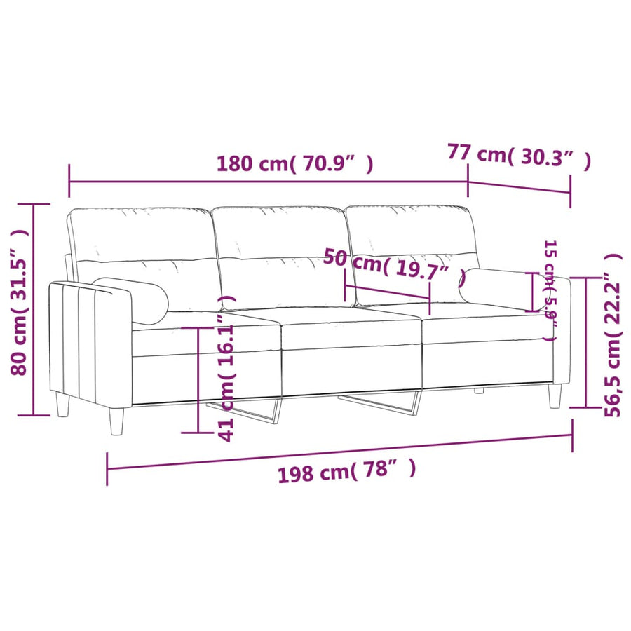3-Seater Sofa with Throw Pillows Black 180 cm Fabric