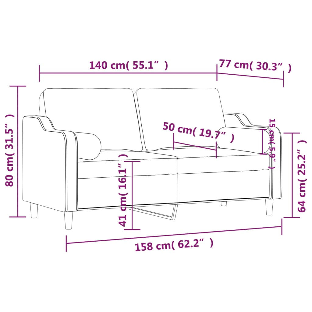 2-Seater Sofa with Throw Pillows Black 140 cm Fabric