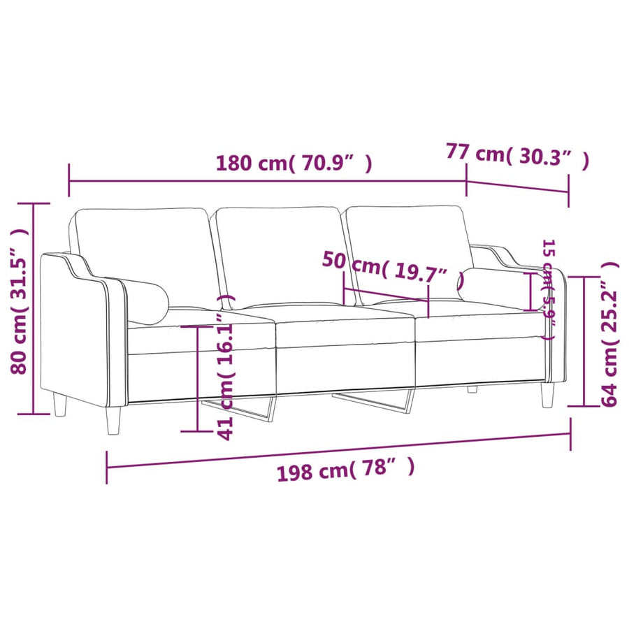3-Seater Sofa with Throw Pillows Black 180 cm Fabric